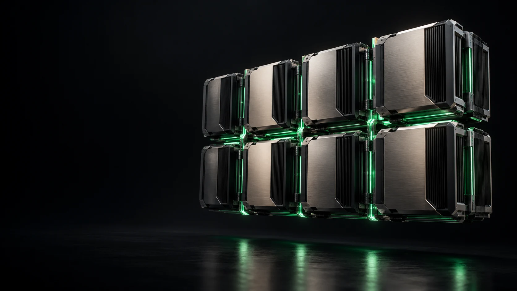 Conceptual eight-module compute sculpture with emerald interconnects
